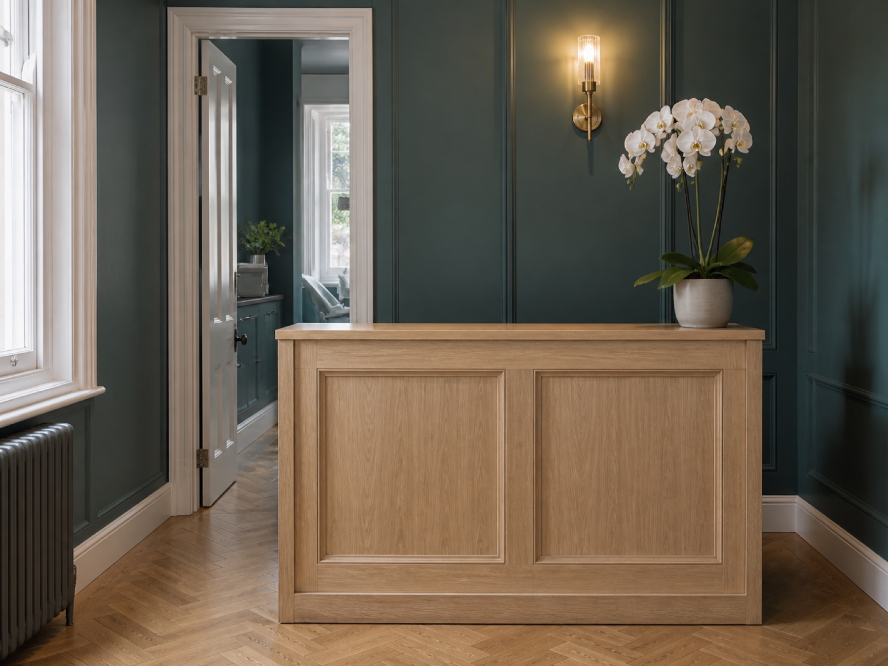 A calm, light practice interior.